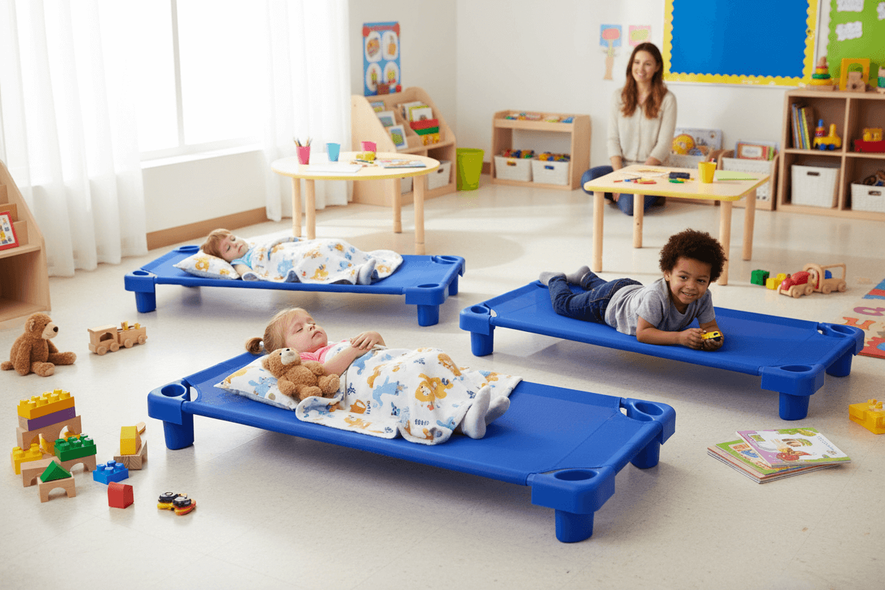 Modré plastové lehátko do školky